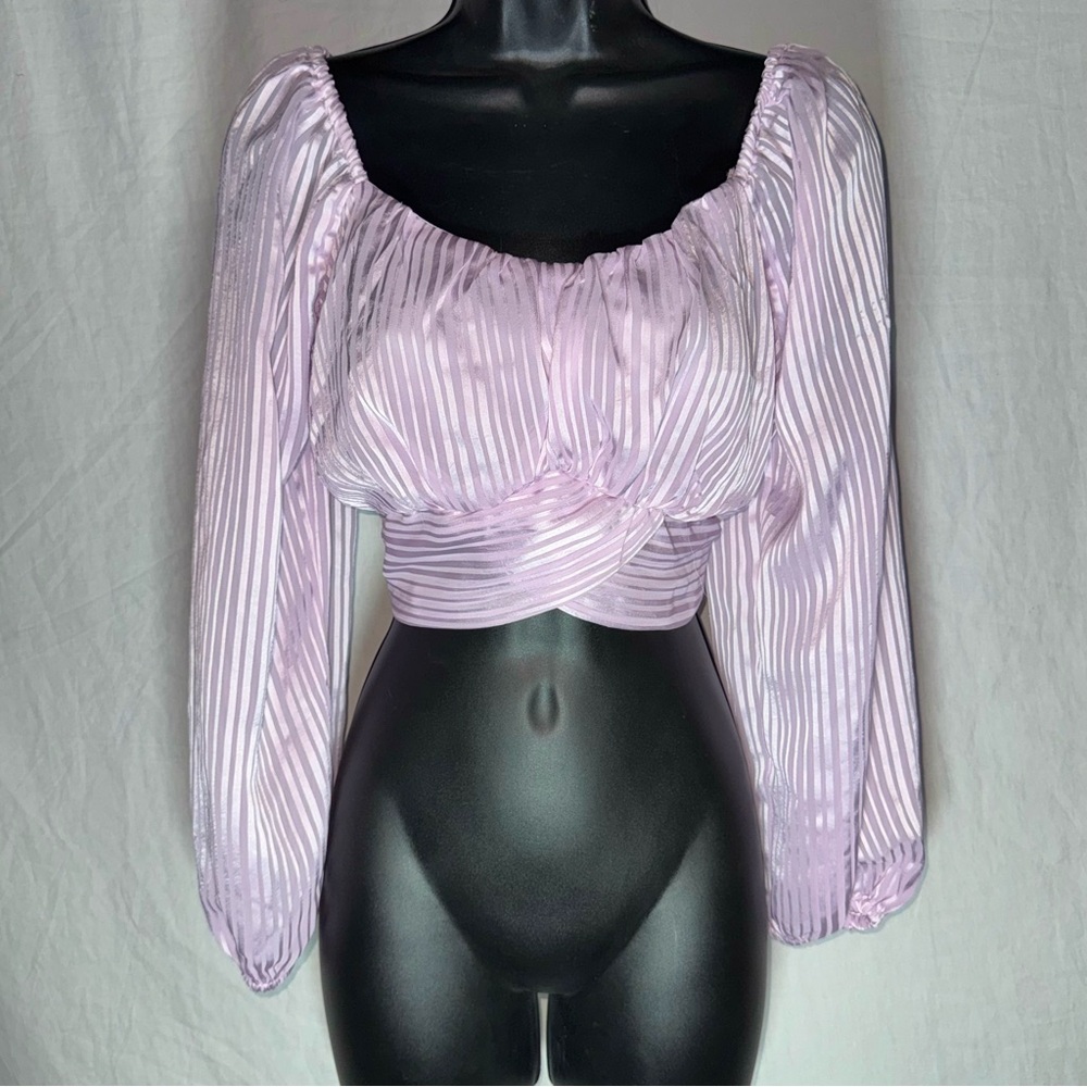 Lavender Purple Satin Striped Long Sleeve Tie Back Crop Top Women's Size Medium